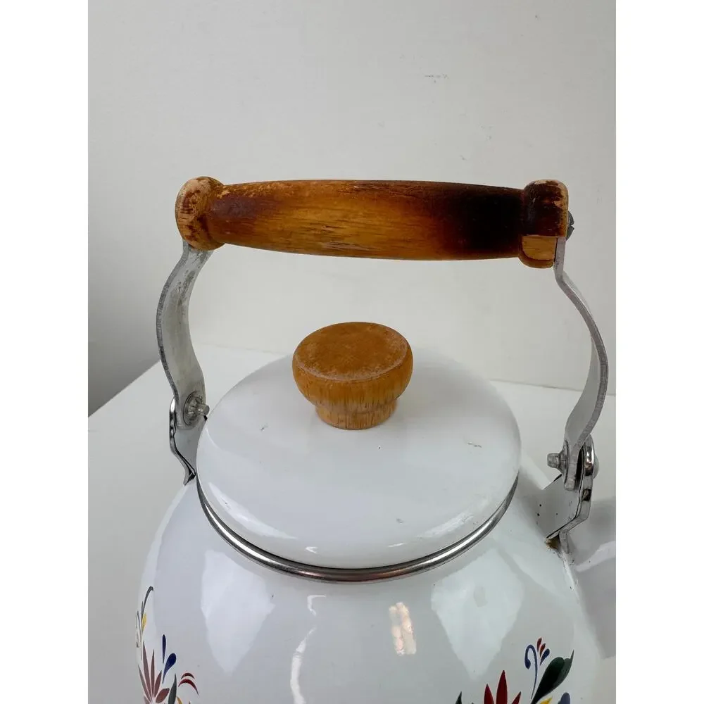 Vintage Master Cuisine Kettle White Tea Pot Floral Stainless Steel Wooden Handle